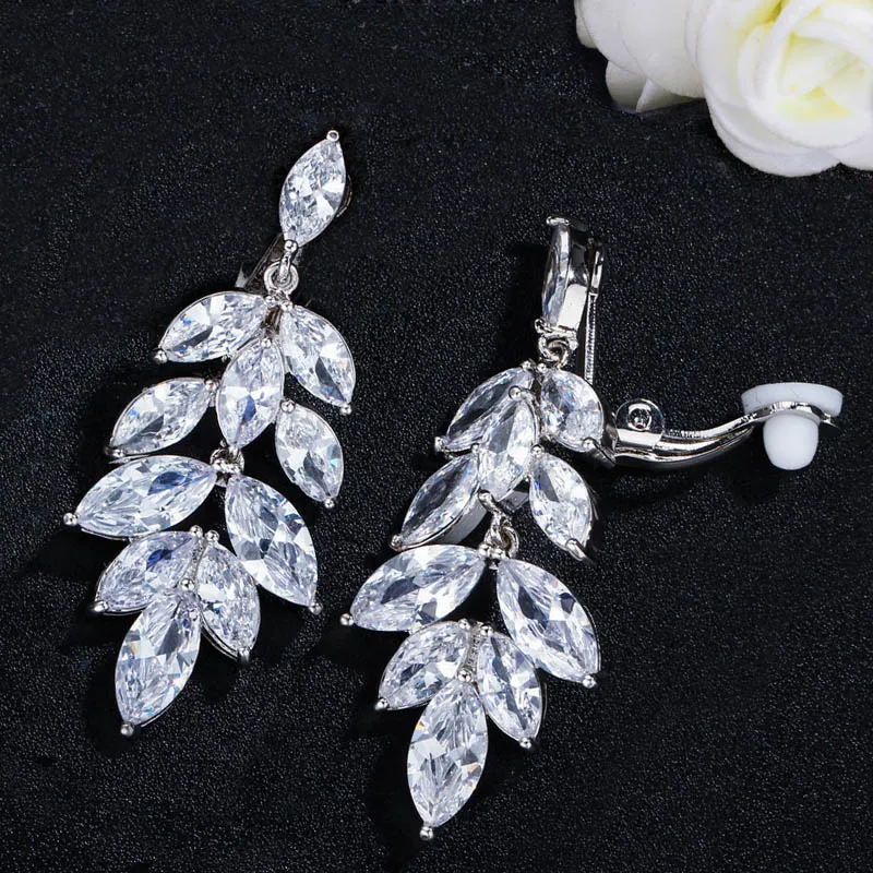 White BeaQueen элегантные не пирсинг клипсы сережки высокое качество фианит огранки «маркиза» Камень без отверстия клип на свадебных ювелирных изделий E204 - Окраска металла: White