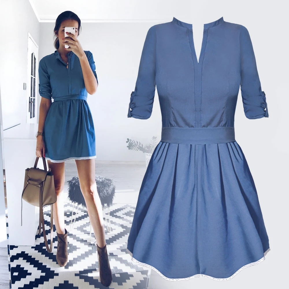 Новинка 2019 года модная однотонная джинсовая одежда уличное весеннее платье с