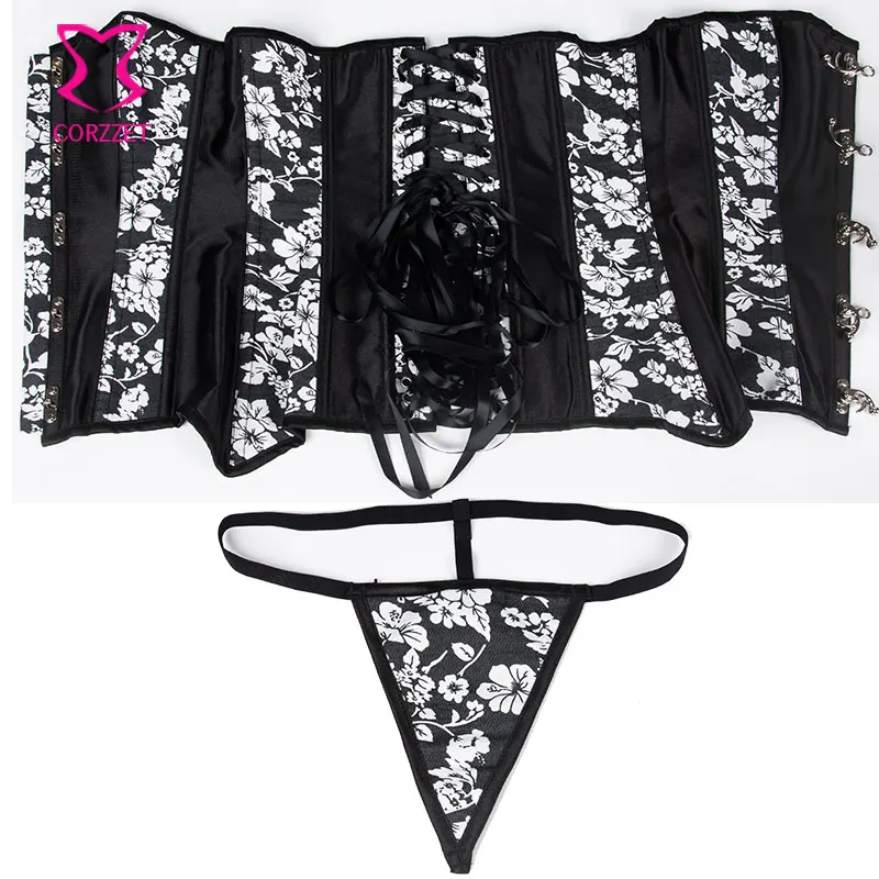 Sexy Black Satin White Floral Print Burlesque Women Long Denim Corset Jeans Gothic Clothes BodyShaper Waist Trainer Corsets | Женская