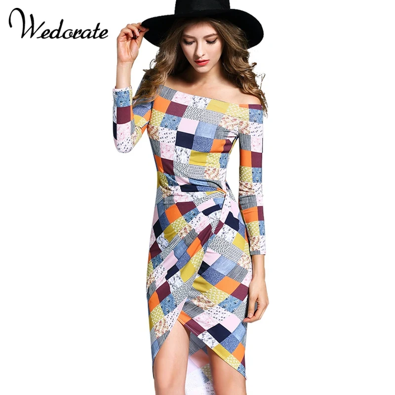 Новый Бренд Моды Полный Рукава С Плеча Высокая Талия Slash Шеи Мини Плед