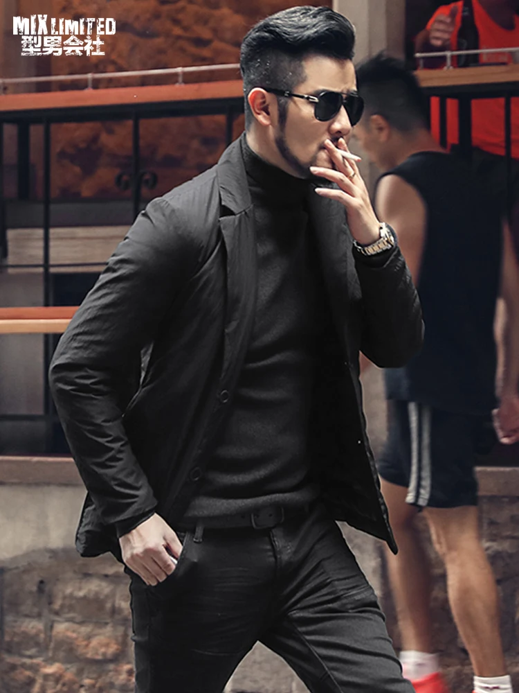 

New Brand Design Winter Warm Single Breasted Men's Black Causal Down Suit Men Comfortable Down European Style Suit Blazer WF907