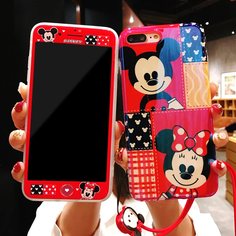 New mouse animal case for iPhone 8/7 plus cute blue ray cover 6 6s &amp tempered glass front film cartoon girl gift |