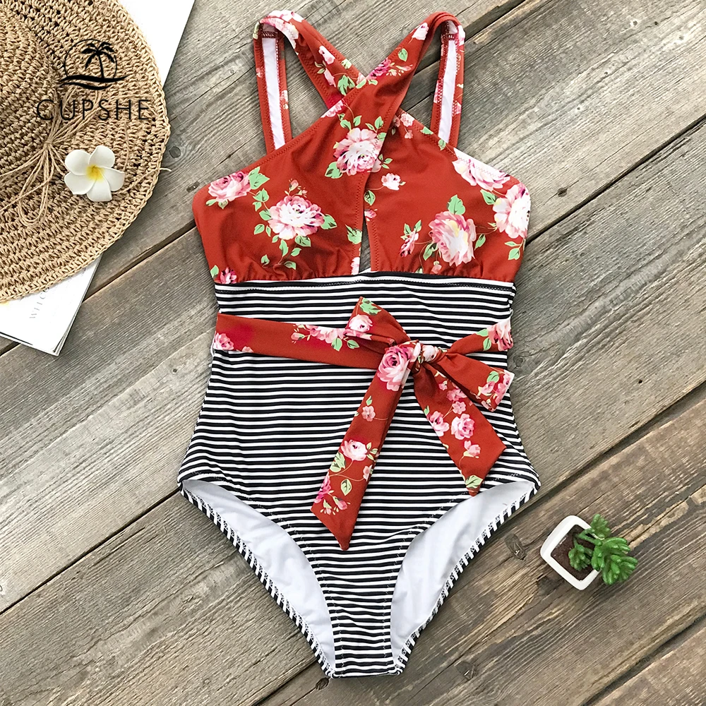 CUPSHE/красный цельный купальник с цветочным и полосатым поясом женские Монокини