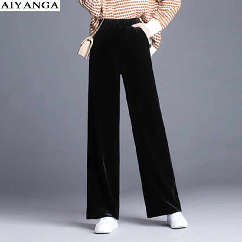 

Wide Leg Pants For Women 2018 Pleuche Elastic Waist Loose Full Length Pant Female High Waist Solid Plus Size Plus Velvet Trouser