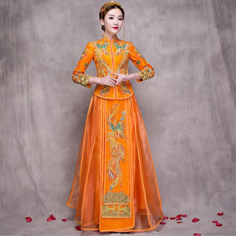 

Восточный элемент Свадебный костюм для невесты традиционное китайское женское свадебное платье Ципао винтажный костюм Тан для зарубежных