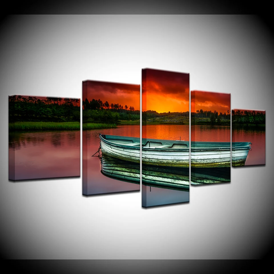 

Canvas Painting wooden boat in river sunset 5 Pieces Wall Art Painting Modular Wallpapers Poster Print living room Home Decor