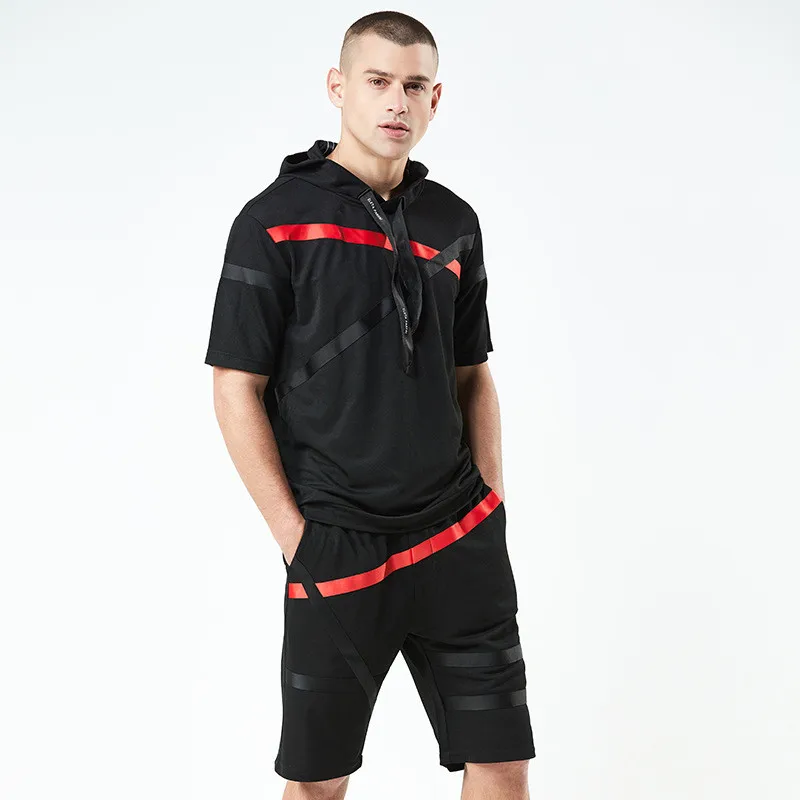 

Vogue Nice New Men Casual Stripe Hooded Suit Short-Sleeve T-Shirt Shorts Loose Breathable Cotton Polyester