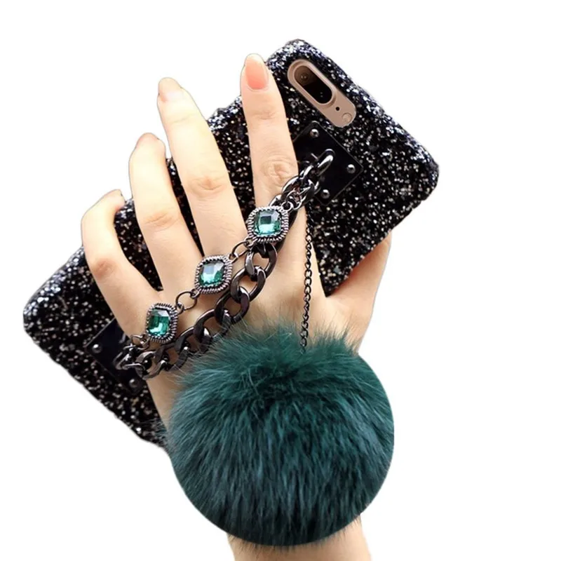 1 шт. Bling чехол для iphone 6 6s 7 8 8 плюс драгоценный металл цепи держатель горный хрусталь кристаллы лисий мех мяч чехол для телефона для iphone X