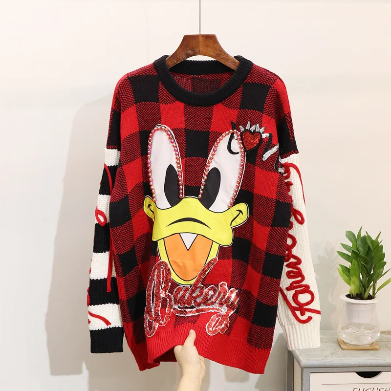 Korea style long pullover O-neck women winter sweater Loose Red plaid fashion jumper Knitting femme knitted patchwork | Женская одежда - Фото №1