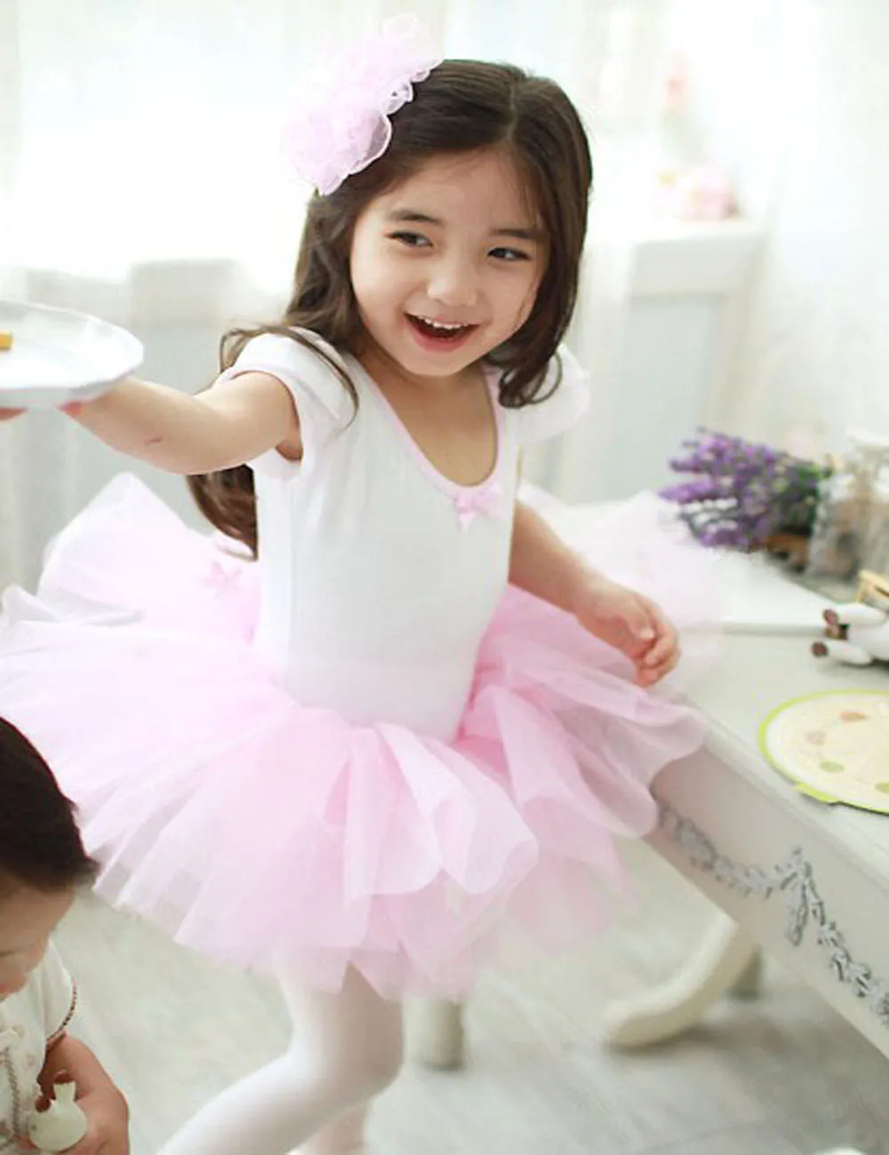 

High quality girl's ballet skirt,kidance dress,Short sleeve pink baby skirt,(Present rose hair accessories/clip)