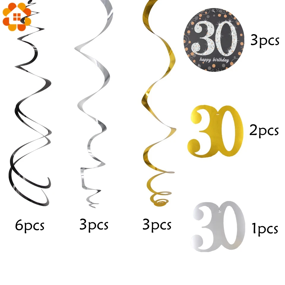 12PCS/Set Happy 18/30/40/50/60 Birthday Party Ceiling Hanging Swirl DIY Metallic Pendant Adult Decoration | Дом и сад