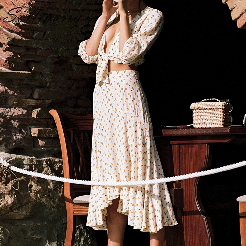 Sollinarry женские юбочные костюмы с цветочным принтом 2019 летние сексуальные топы