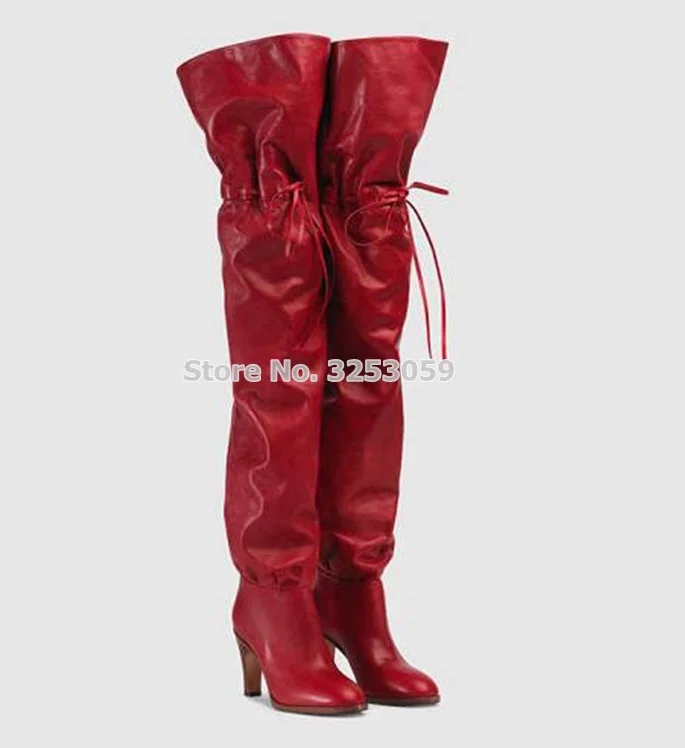 

ALMUDENA Newest Noble Red Black Lace-up Long Boots Celebrity Loose Style High Heel Bowtie Thigh High Boots Stage Show Dress Shoe
