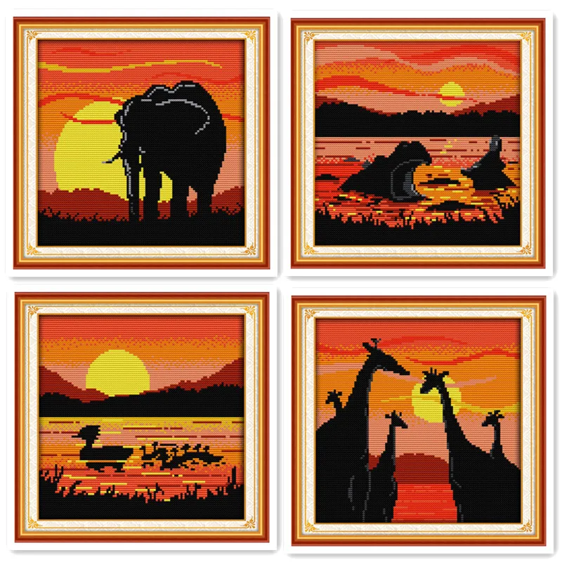 Beautiful sunset scenery cross stitch kit pattern elephant hippo duck giraffe animal series handmade DIY decoration gift | Дом и сад