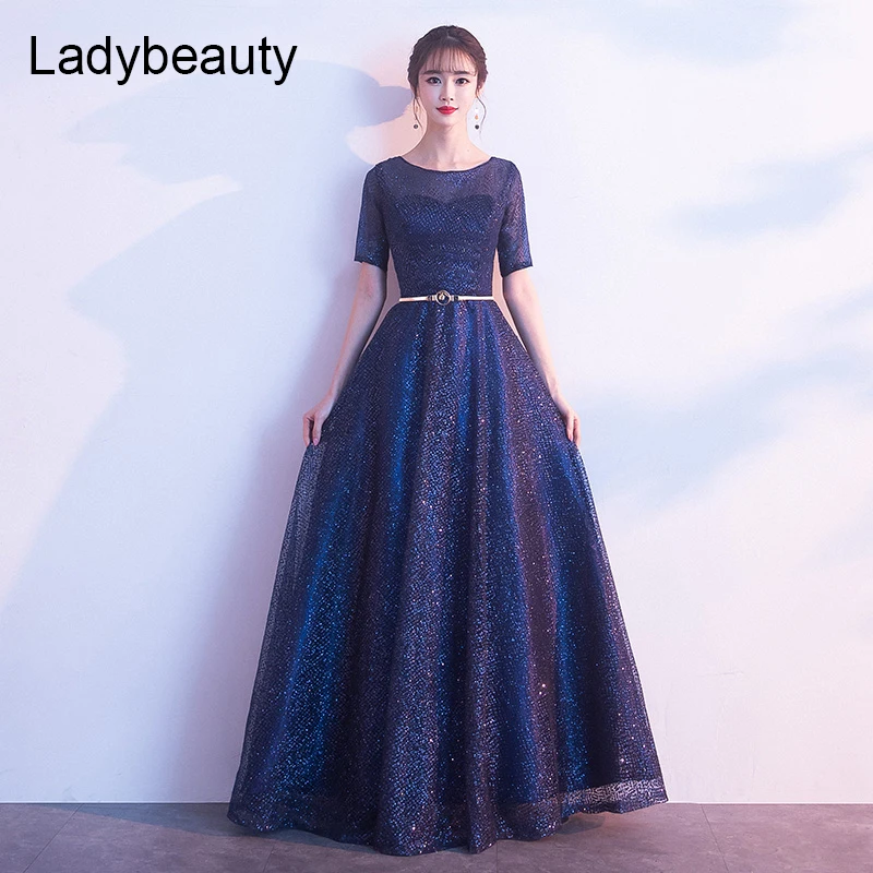 Женское вечернее платье Ladybeauty синее кружевное с коротким рукавом для мамы и