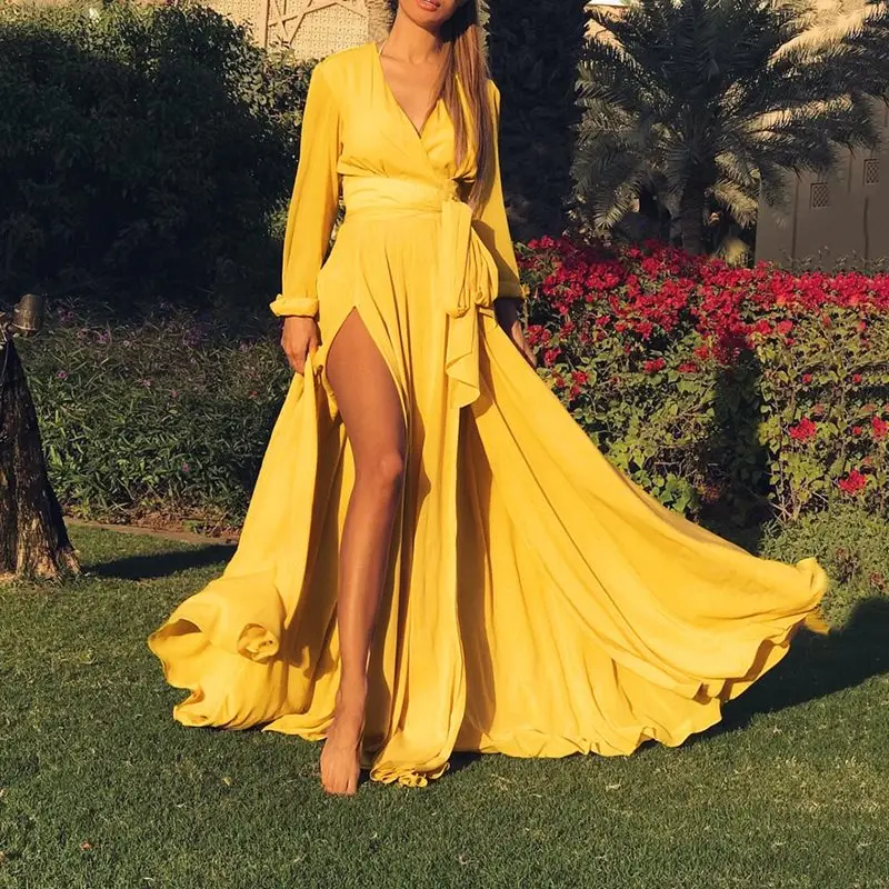 Женское платье-макси с длинным рукавом ярко-желтое пляжное платье V-образным