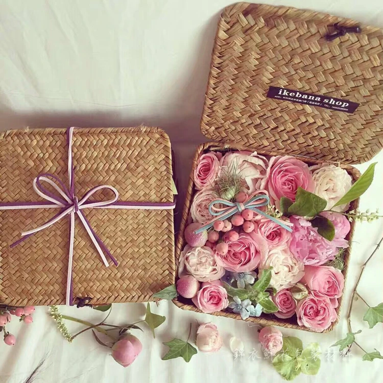 

1Pcs 12*20/11*17CM Square Straw-woven Box With Seaweed Hand-woven Receipt Basket Flower Basket Packaging Material Concessions