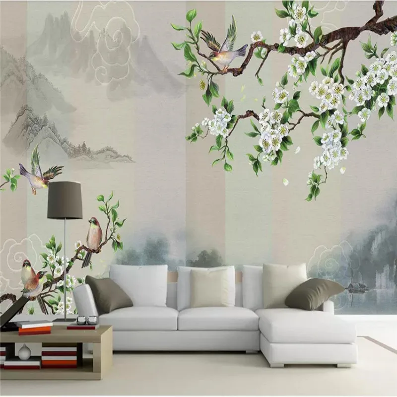 

Custom wallpaper new ink landscape flowers and birds Chinese painting TV background wall waterproof material