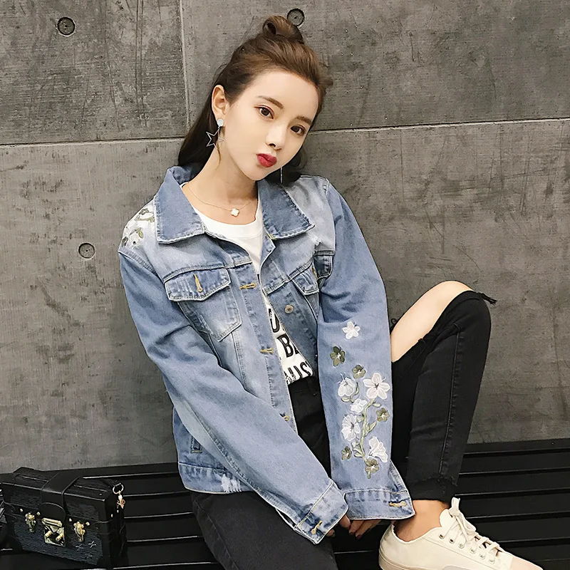 Rlyaeiz England Style Jacket Women 2018 Spring Floral Embroidery Long Sleeve Short Denim Jackets Female Jeans Clothing | Женская одежда