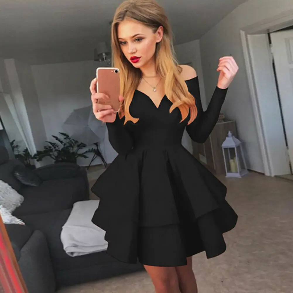 Женское однотонное Двухслойное короткое платье с открытыми плечами вечернее