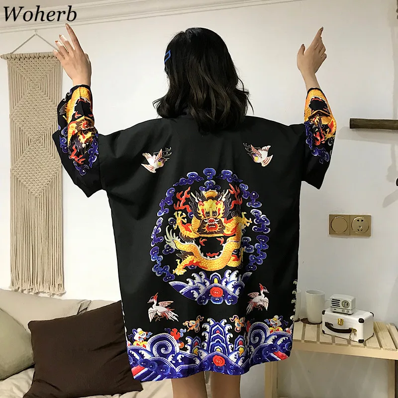 Woherb 2019 Уличная Для женщин кимоно печати Дракон Винтаж Блузка Harajuku больших