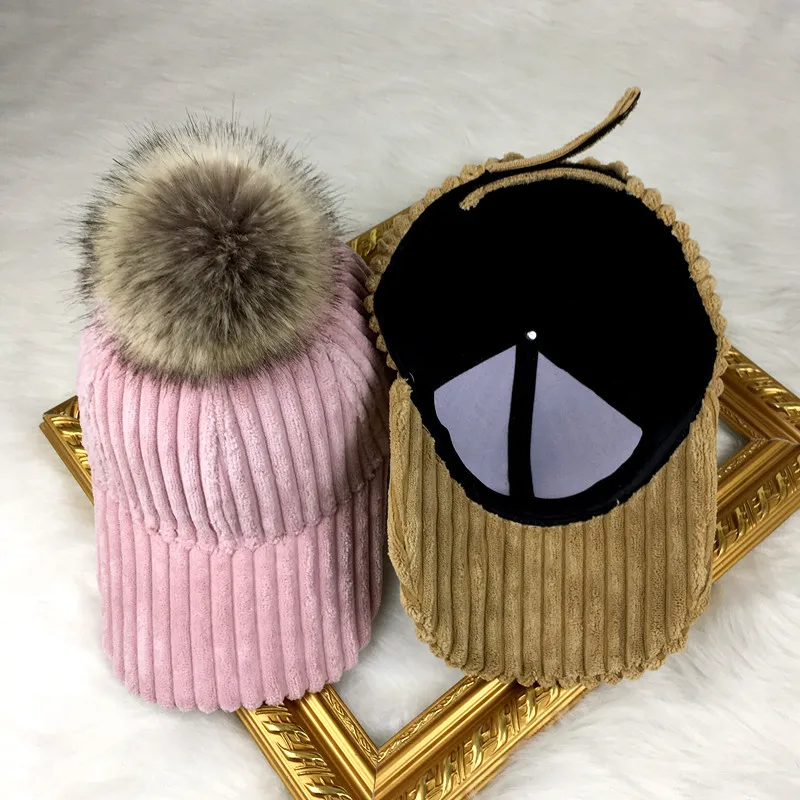

Newly Autumn Winter Hip Hop Cap With Movable Faux Fur Pom poms Ball Women Men Corduroy Snapback Cap Outdoor Solid Baseball Caps