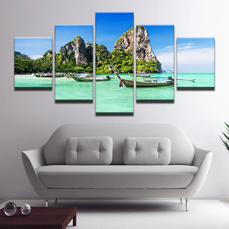 5 Панель судно в горы вид на море Холст Картина модульные стеновые Картины Wall Art Home