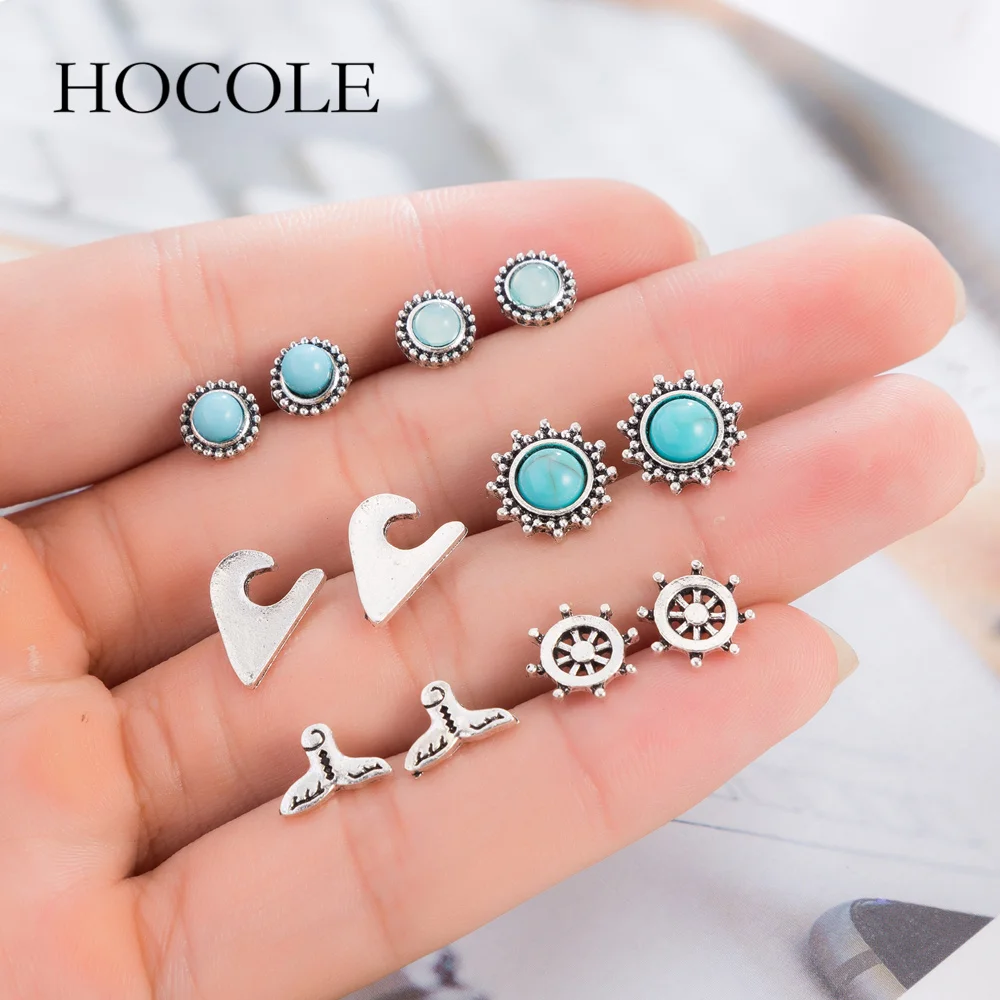 HOCOLE 6 пар/компл. Новый Винтажный серебряный цвет круглые синие камни серьги-гвоздики для женщин геометрические серьги набор Бохо Панк ювелирные изделия