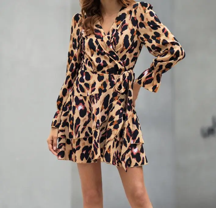 

2022 Sexy Spring Dress Women Casual Long Sleeve Print V-neck Ladies Dresses Elegant Vintage Leopard Party Dress Vestidos