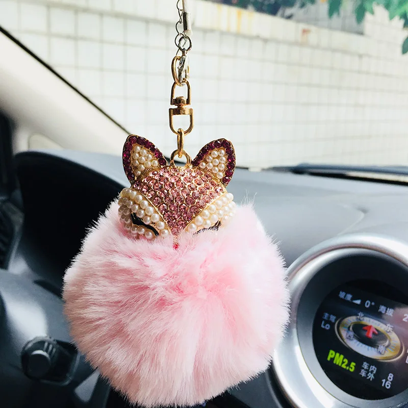 pink Алмазная подвеска с меховым шариком, украшенная зеркалом заднего вида, аксессуары для салона автомобиля, подарок для девочки - Название цвета: pink