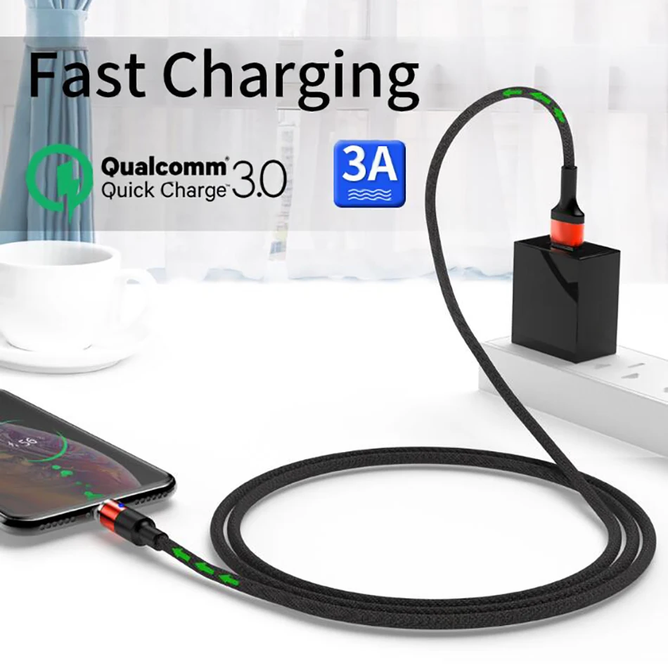 3A Magnetic Charge Cable Micro USB Cable For iPhone XR XS Max X Magnet Charger USB C Type C Cable LED Fast Charging Wire Cord