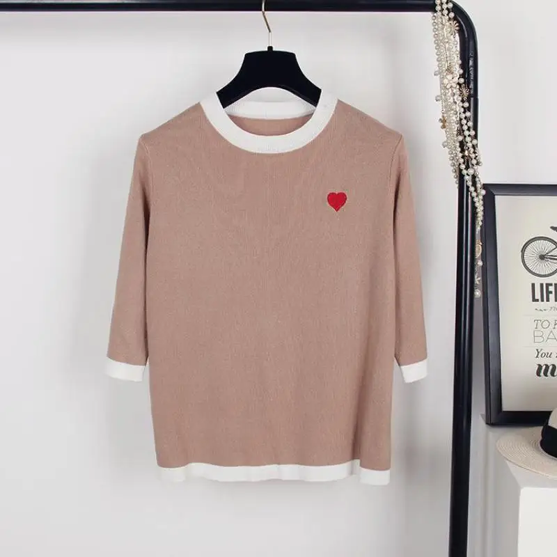 2019 Summer Women Knitted Tees Ice Silk Knitting Shirts O-neck Short Sleeve Tops Heart Embroidered Sweaters Female Pullovers | Женская