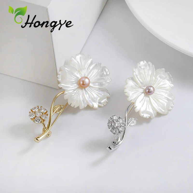 Hongye 925 пробы, серебряные броши для женщин, дизайнерский бренд, вставка из циркона, цветок, брошь на булавке, женская элегантная брошь из пресноводного жемчуга