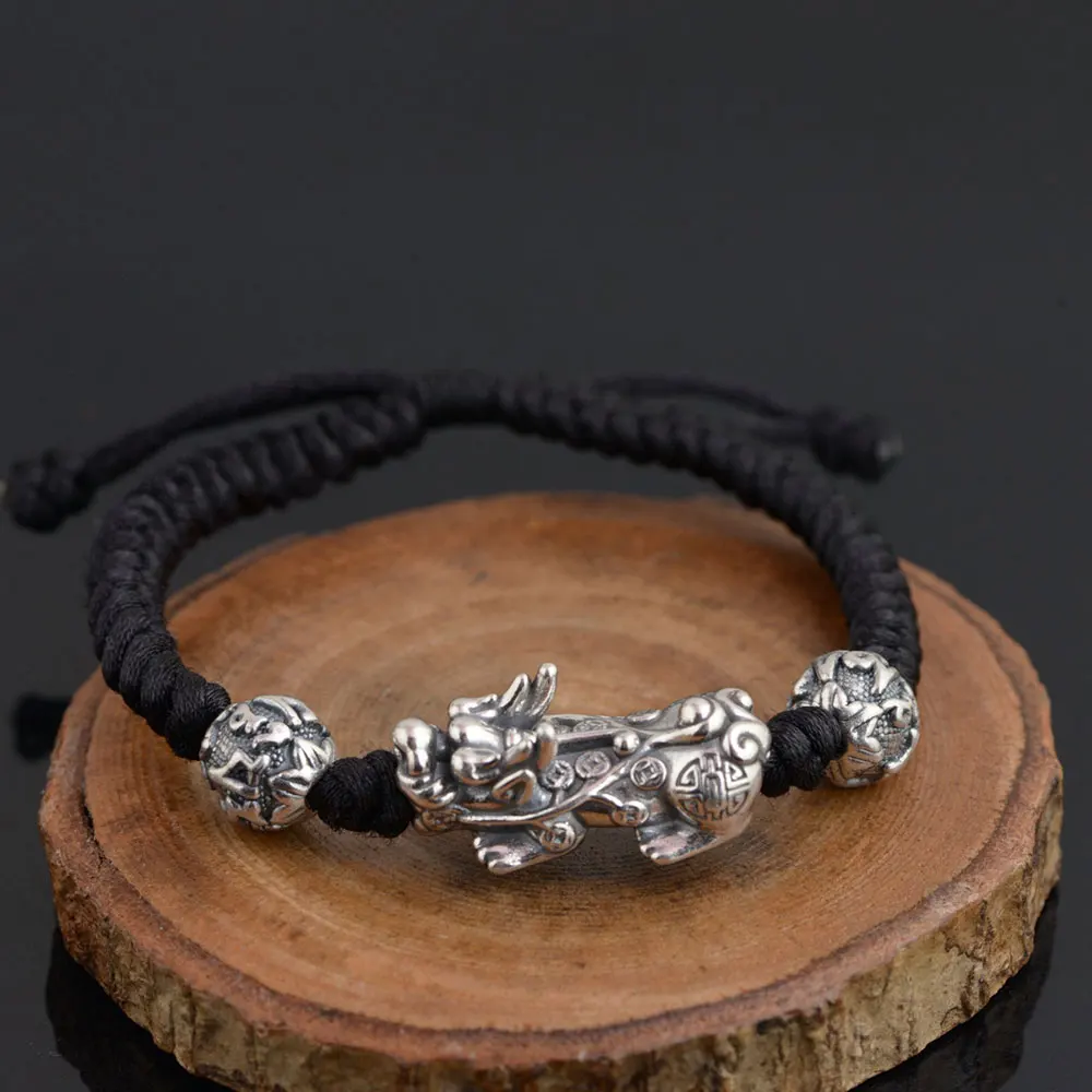 

Real 999 Sterling Silver Pixiu Bracelet for Men Adjustable Size Classic Rope Chain Thai Silver Beads Bracelets Fine Jewelry Gift