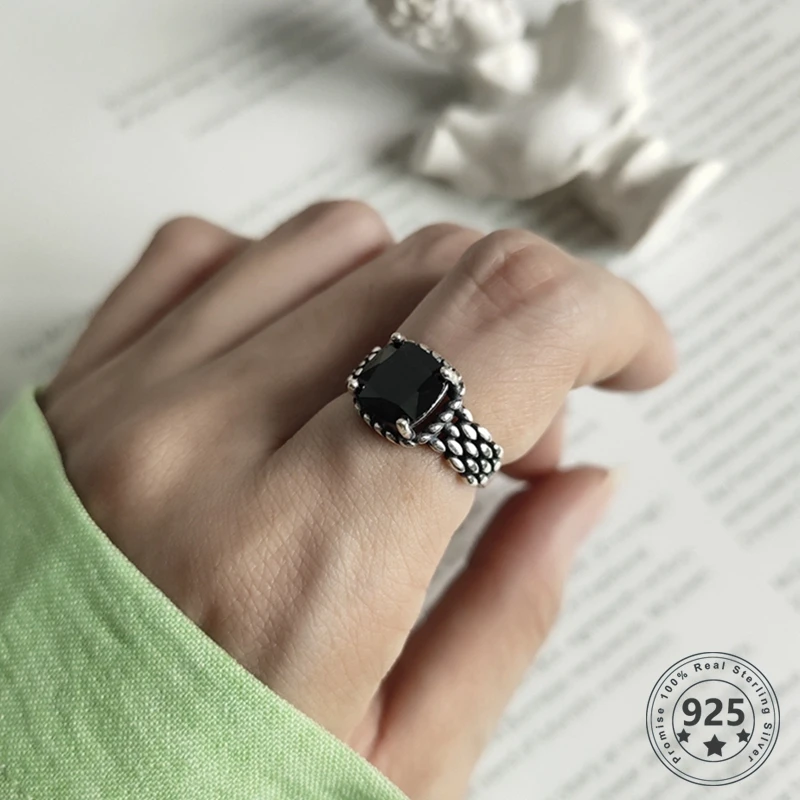 LouLeur, 925 пробы, серебряные, черные, циркониевые кольца, винтажные, минималистичные, романтические, квадратные кольца для женщин, серебряное ювелирное изделие, праздничный подарок