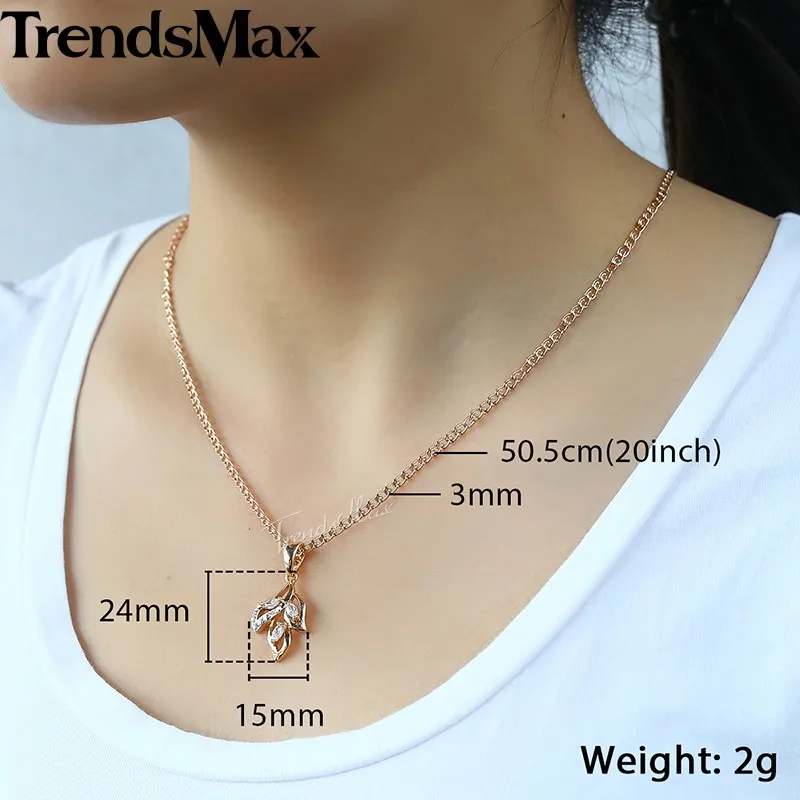 Trendsmax, женское ожерелье, подвеска в форме листа, 585, розовое золото, заполненное прозрачным кубическим цирконием, ожерелье для женщин KGP195