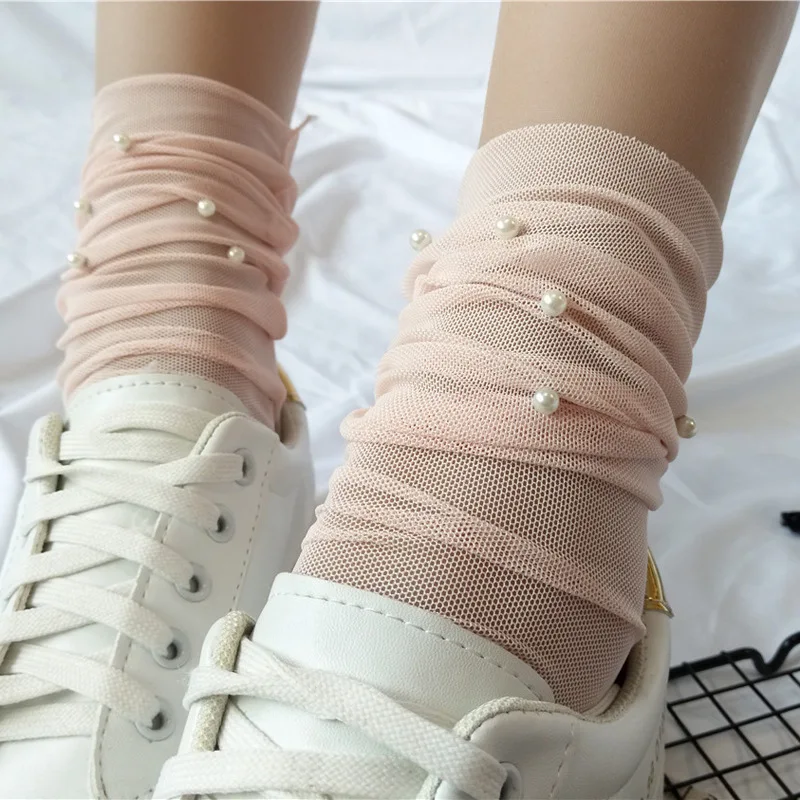 

12 Pairs Mesh Pearls Women Socks Fashion Female Princess Heap Heap Meias Soft Funny Socks Transparent Elastic Hosiery Sox