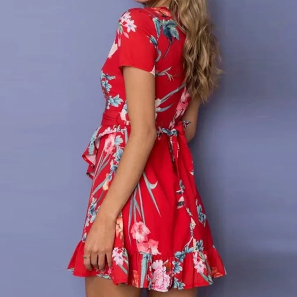 Vestidos verano 2018 женское летнее платье красное с коротким рукавом принтом и оборками