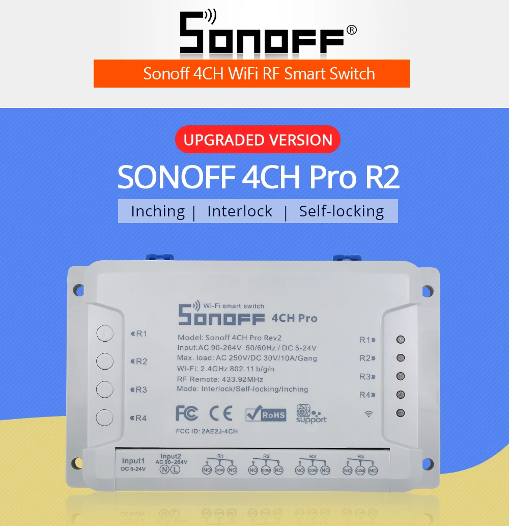 Sonoff 4CH Pro R2 многоканальный беспроводной Wifi переключатель для умного дома Модуль Автоматизации 433 МГц пульт дистанционного управления 220 В