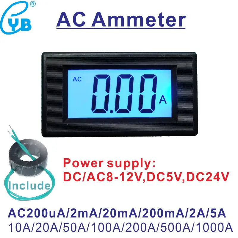 YB5135D амперметр переменного тока и CT измеритель величины тока AC 200uA 2mA 20mA 200mA 2A 5A 10A 20A 50A 100A 200A 500A 1000A ЖК-дисплей цифровой амперметр переменного тока