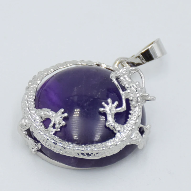 Silver Plated Dragon Animal Flat Round Beads Necklaces Pendants Women Natural Stone Purple Pink Crystal Charm Jewelry Accessory | Украшения