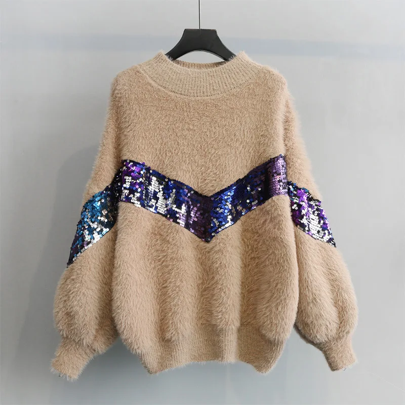 Женский свитер из искусственного мохера трикотаж пушистые Блестки Свободный