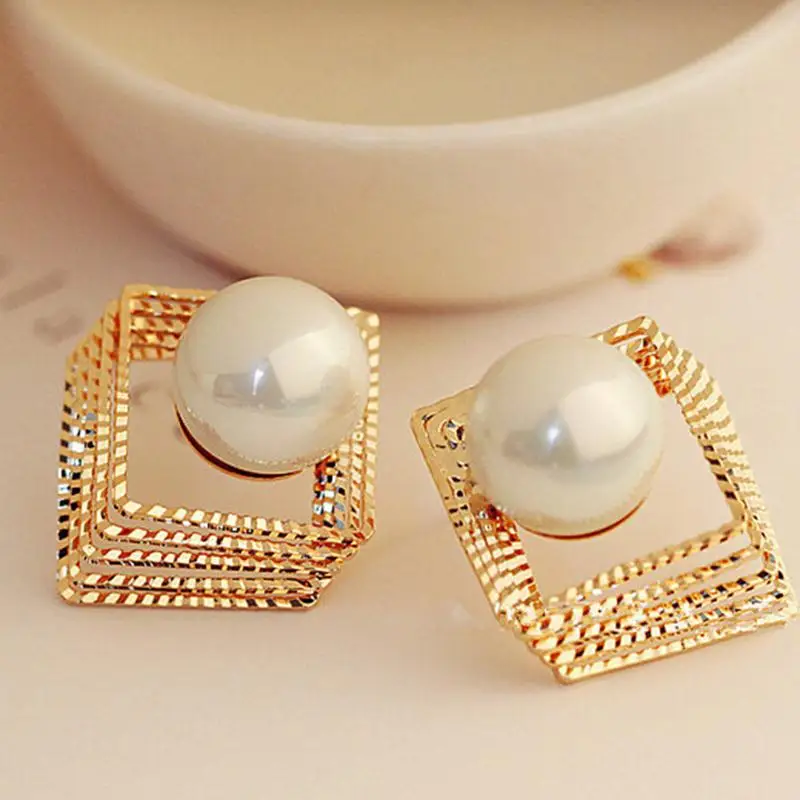

Layers Hollow Golden Silver Plated Square Big Simulated Pearl Stud Earrings for Women piercing Jewelry