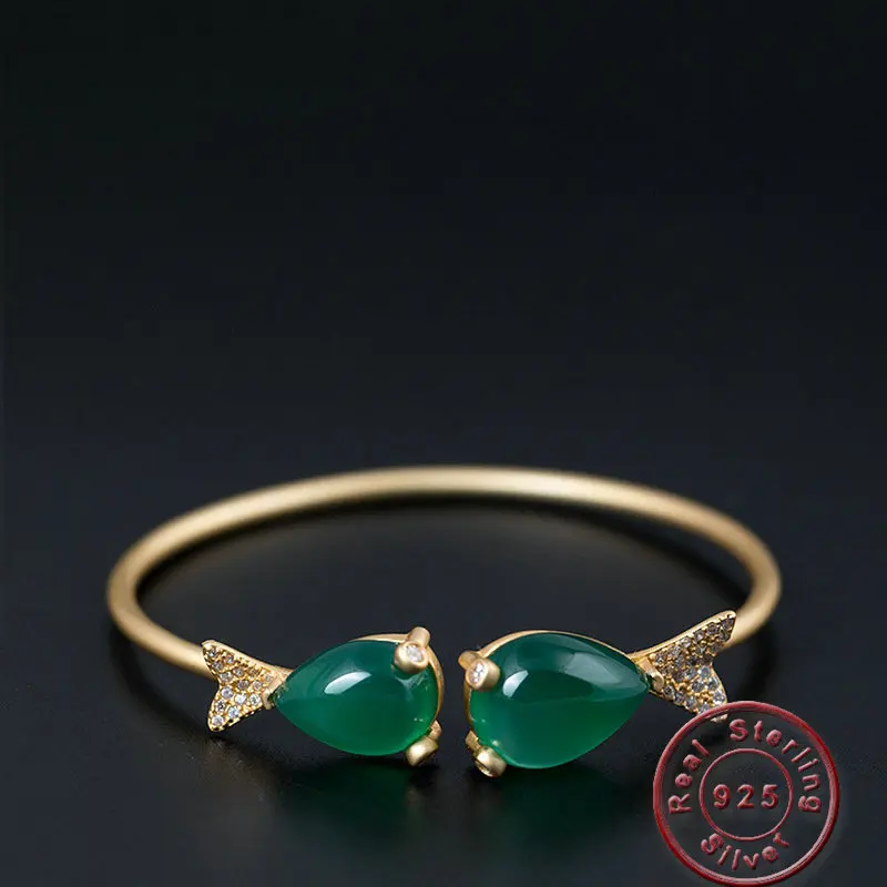 Amxiu Handmade Natural Chalcedony Bracelet Bangle Zircons Goldfish Bangles 925 Sterling Silver Jewelry For Women Mother Bijoux | Украшения