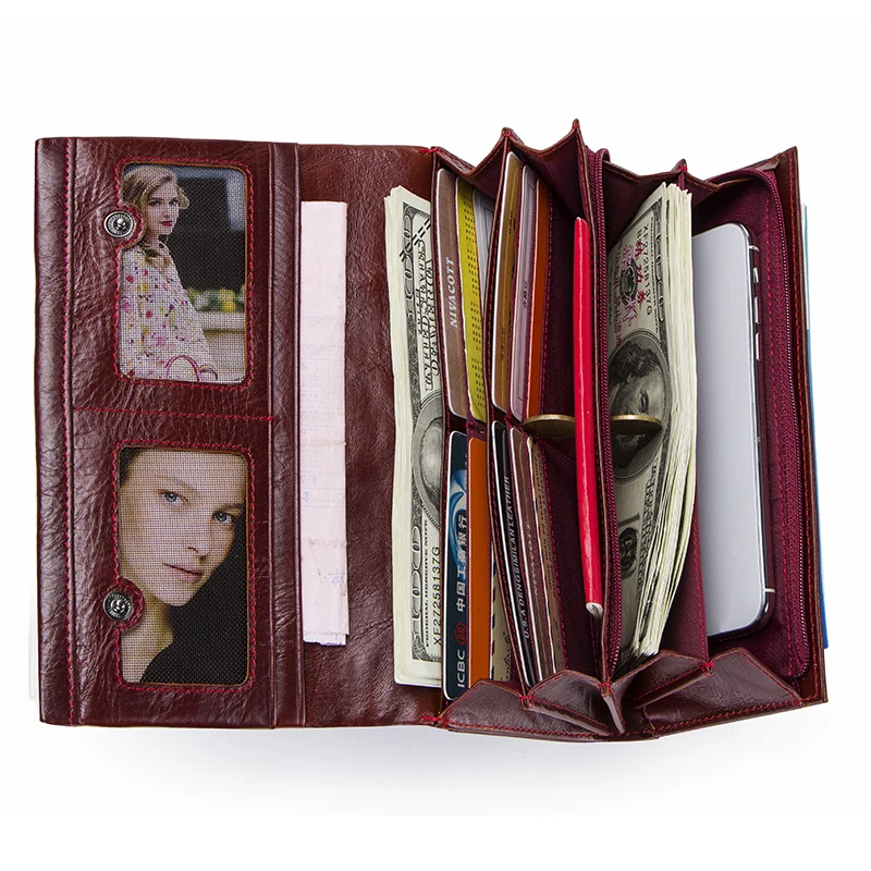 Contact's Genuine Leather Wallet Women Wallet Credit Card Holder Female Purse Organizer Walet Women Clutch Bag Red Green Long
