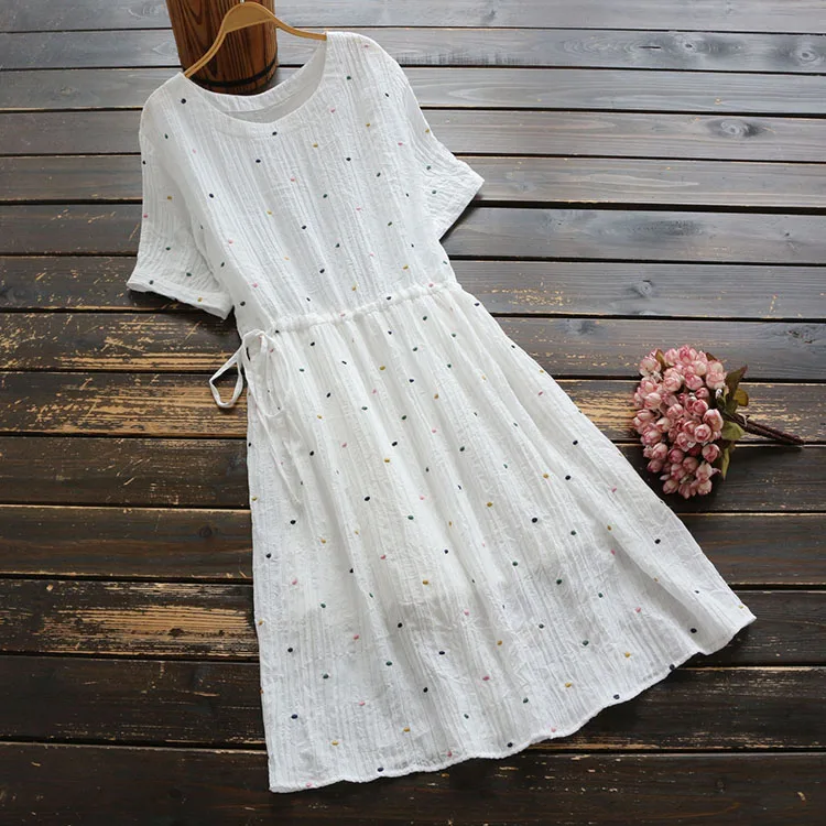 Для женщин хлопковые платья в горошек с Минни 2019 новые летние вышивкой футболка