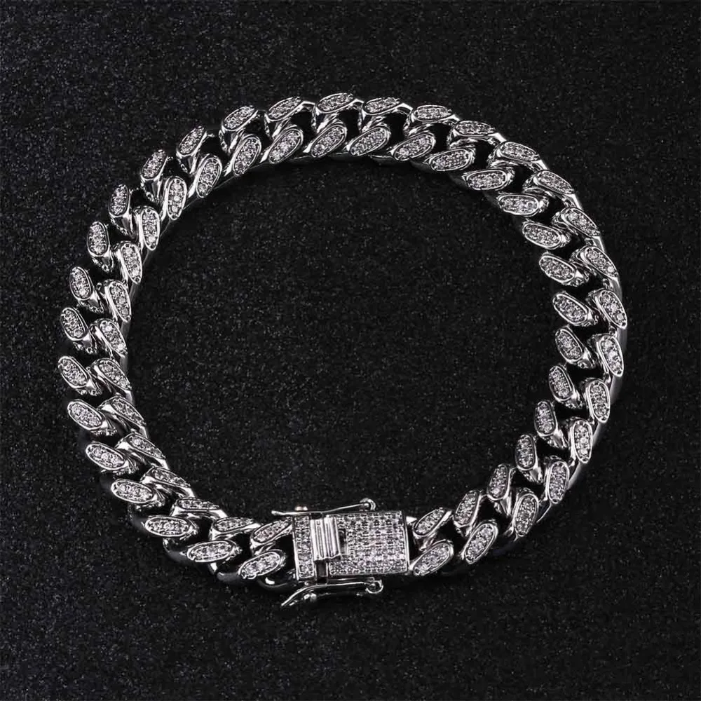 Хип-хоп отделка цирконами aaa Bling Iced Out CZ браслеты золотого, серебряного цвета кубинские ювелирные украшения с цепочкой Прямая