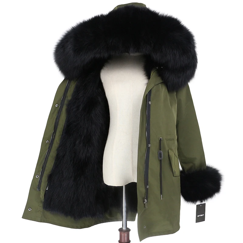 OFTBUY, водонепроницаемая парка, женская, натуральный Лисий мех, капюшон, манжеты, пальто, зимняя куртка, верхняя одежда, съемная, толстая, теплая верхняя одежда, уличная одежда - Цвет: green black