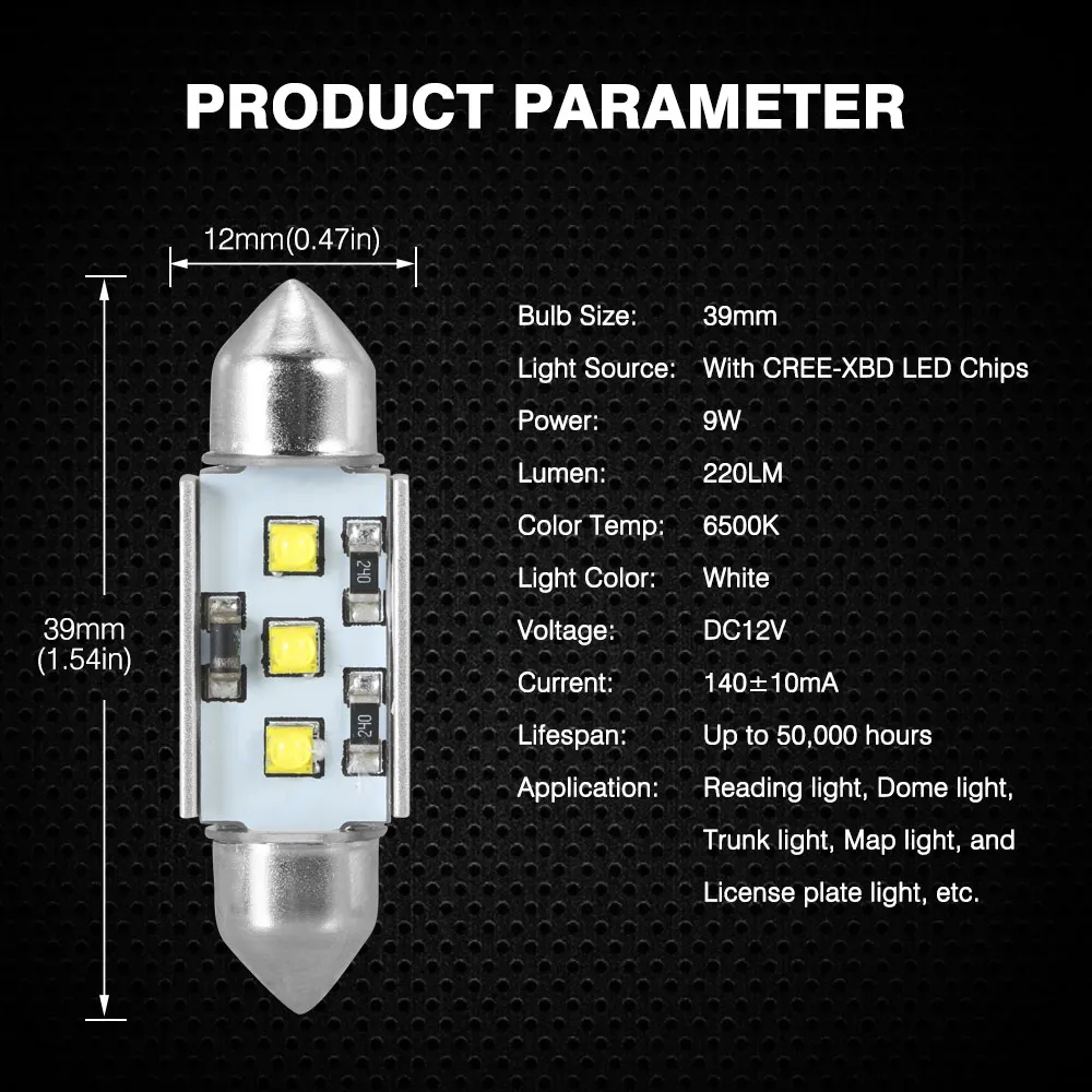 39mm White NOVSIGHT гирлянда 31 мм 36 мм 39 мм 41 мм светодиодный светильник C5W C10W супер яркий светильник для чтения интерьера - Испускаемый цвет: 39mm White