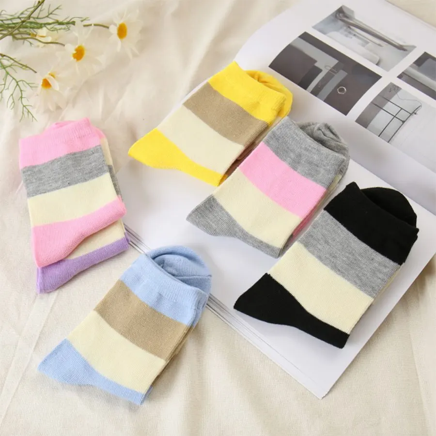 Wide Stripe 5 Pack 5 пар в упаковке, забавные женские Носки с рисунком, милые хлопковые повседневные женские короткие носки в полоску с изображением кота и букв, размер EU36-40 - Цвет: Wide Stripe 5 Pack